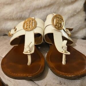 Tommy Hilfiger White and Brown Sandals With Gold Logo